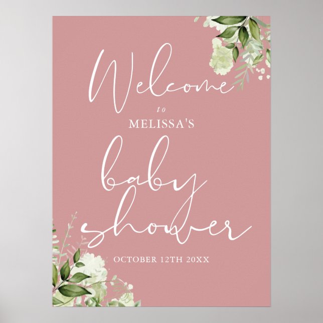 Greenery Dusty Rose Baby Shower Welcome Sign (Front)
