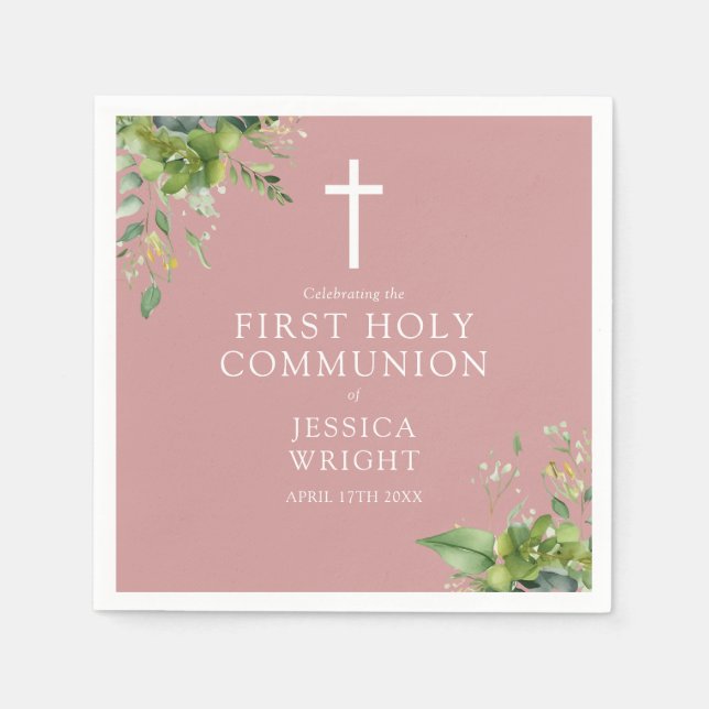 Greenery Dusty Rose Pink First Holy Communion Napkin (Front)