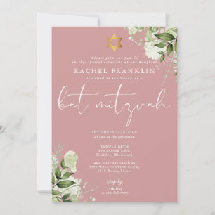 Greenery Dusty Rose Pink Monogram Bat Mitzvah Invitation