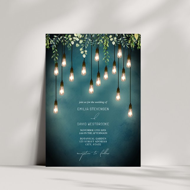 Greenery Edison Lightbulbs Watercolor Wedding Invitation (Creator Uploaded)