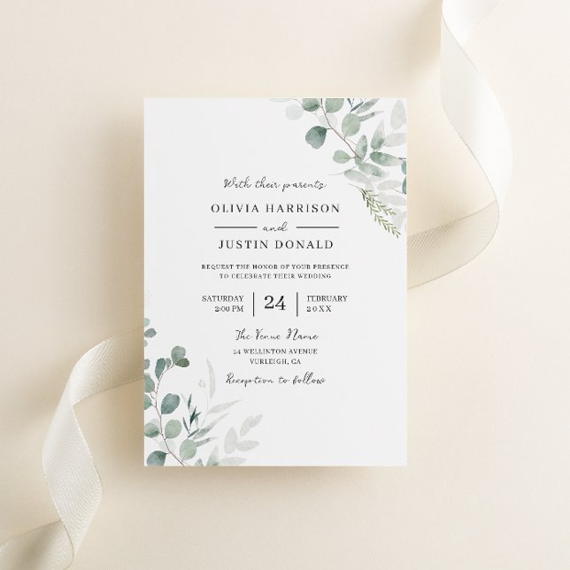 Greenery Elegance: Modern Watercolor Leaf Wedding Invitation (Creator Uploaded)
