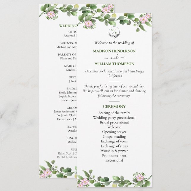 Greenery Elegant and Beautiful Floral Wedding Programme (Front/Back)