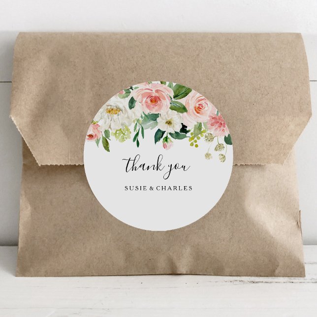 Greenery Elegant Floral Thank You Favour Classic Round Sticker (Creator Uploaded)