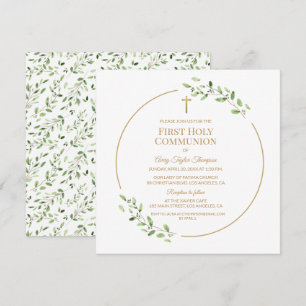 Greenery Elegant Gold Cross First Holy Communion  Invitation