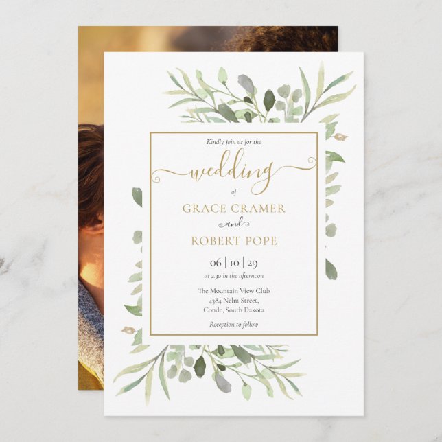Greenery Elegant Gold Script Photo Wedding Invitation (Front/Back)