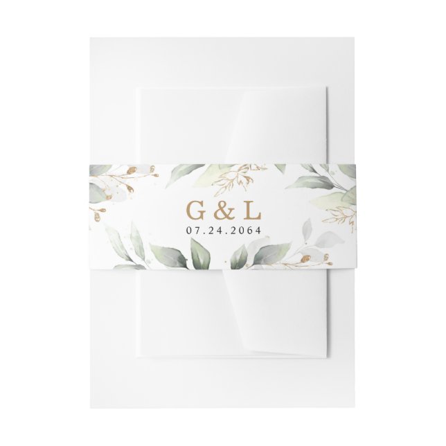 Greenery Elegant Green and Gold Rustic Wedding Invitation Belly Band (Front Example)