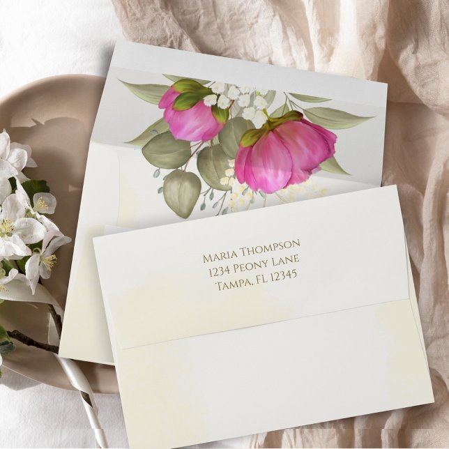 Greenery Elegant Nature Botanical Bridal Shower Envelope (Pink floral envelope with watercolor peony flowers.)