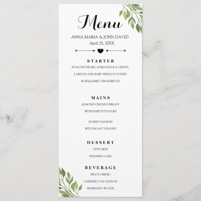 Greenery elegant personalised Menu card template (Front)