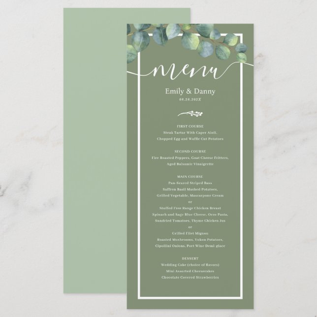 Greenery Elegant Sage Green Botanical Wedding Menu (Front/Back)