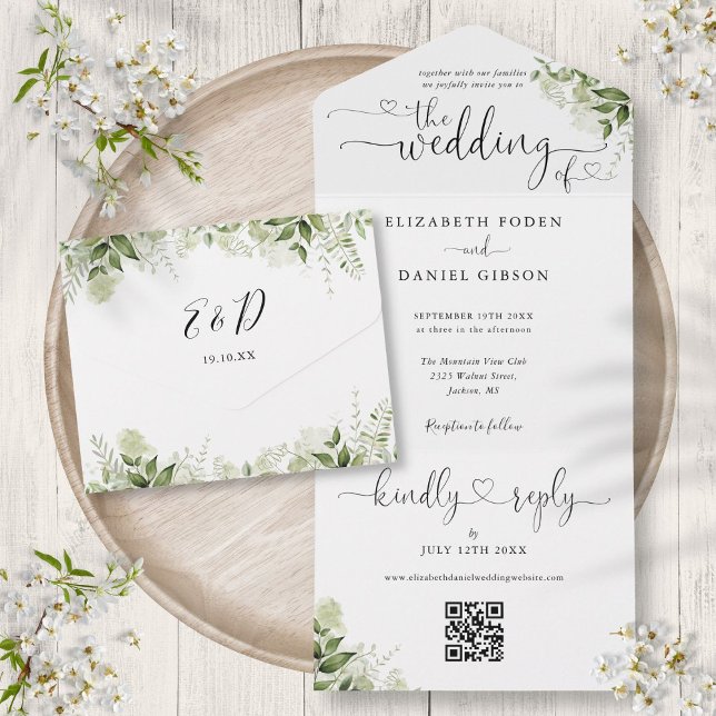 Greenery Elegant Script Hearts QR Code Wedding All In One Invitation (Greenery Elegant Script Hearts QR Code Wedding All In One Invitation)