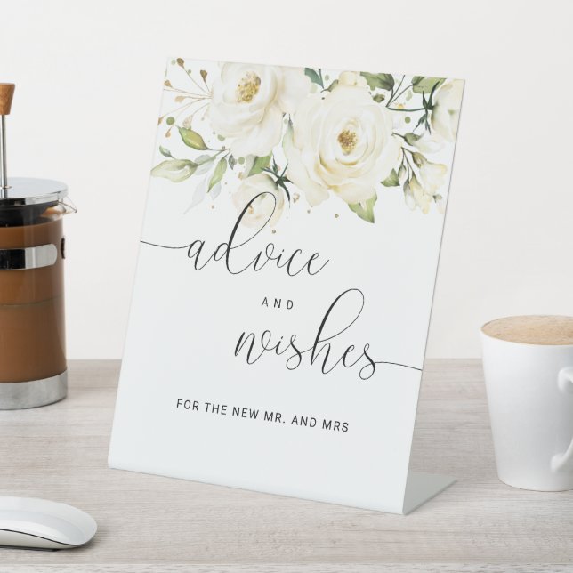 Greenery Elegant White rose Advice and Wishes Pedestal Sign (In SItu)