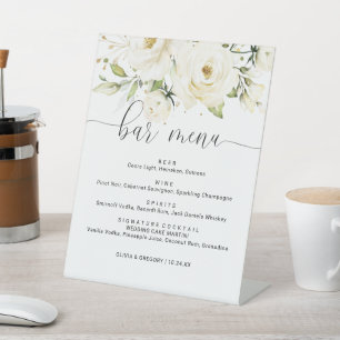 Greenery Elegant White rose Wedding Bar Menu Pedestal Sign