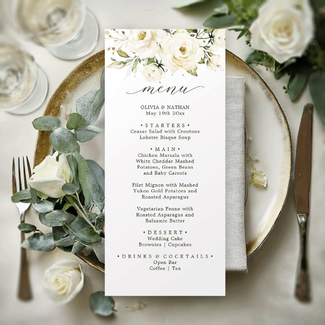 Greenery elegant white rose wedding Dinner Menu (Creator Uploaded)