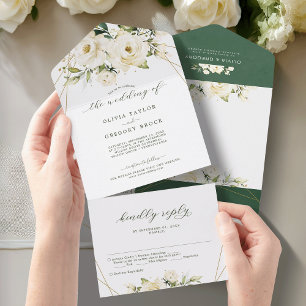 Greenery Elegant White rosek floral Wedding All In One Invitation