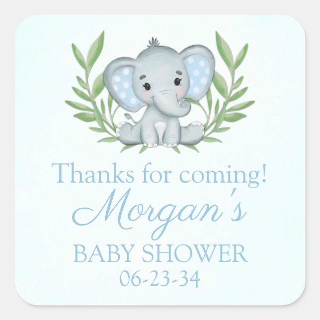 Greenery Elephant Blue Boy Baby Shower Square Stic Square Sticker (Front)