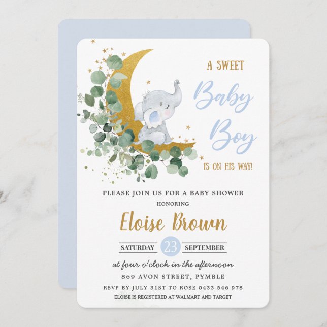 Greenery Elephant Moon Sweet Baby Boy Shower  Invitation (Front/Back)
