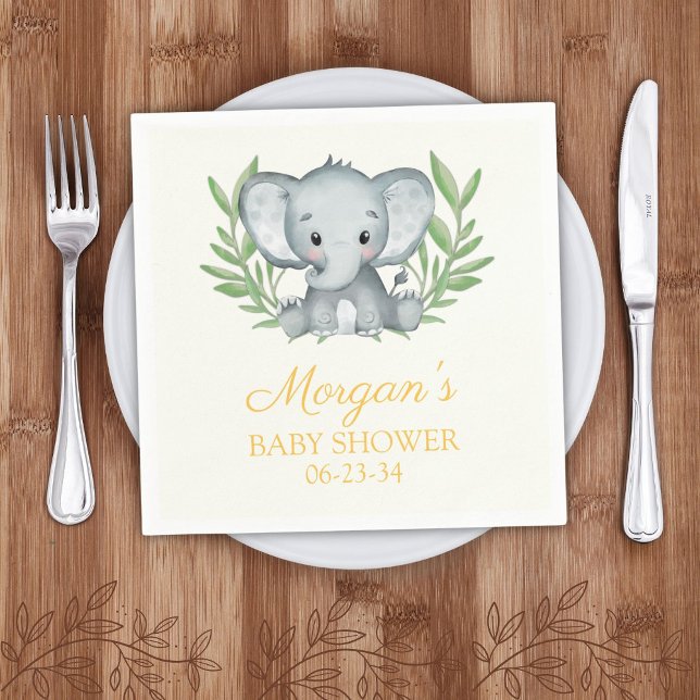 Greenery Elephant Yellow Neutral Baby Shower Napkin (Creator Uploaded)
