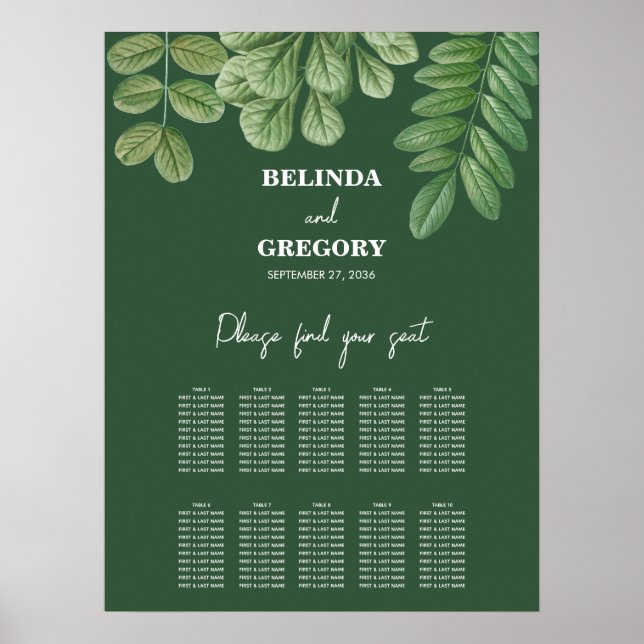 Greenery Emerald Green Wedding Seating Chart (Front)