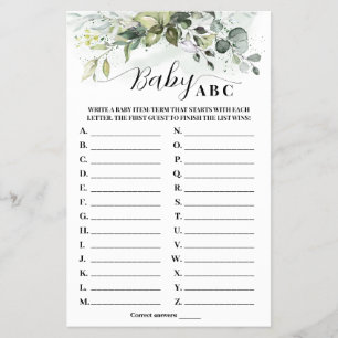 Greenery Eucalyptus Baby ABC Baby Shower Game Card