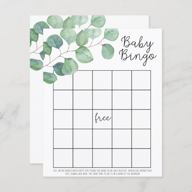 Greenery Eucalyptus - Baby shower bingo game (Front/Back)