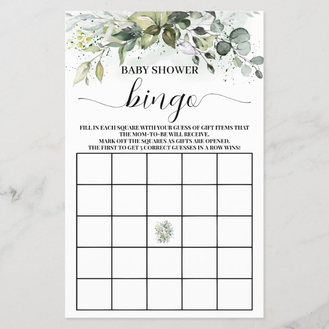Greenery Eucalyptus Baby Shower Bingo Game card (Front)