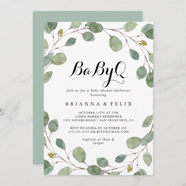 Greenery Eucalyptus BabyQ Baby Shower Barbecue Invitation (Front/Back)