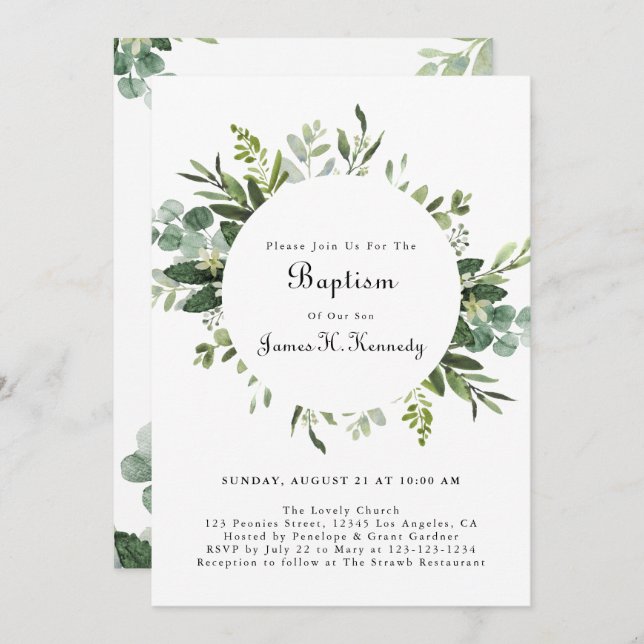Greenery Eucalyptus Baptism Invitations (Front/Back)