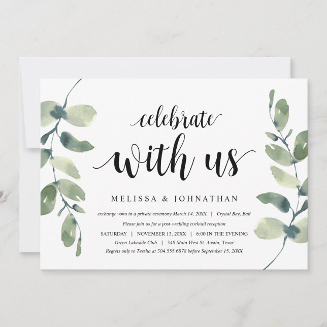 Greenery Eucalyptus,  Black Ink, Wedding Elopement Invitation (Front)