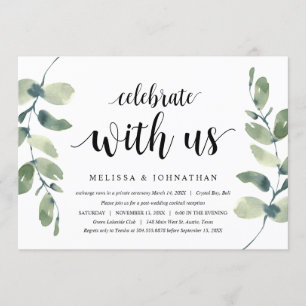 Greenery Eucalyptus, Black Ink, Wedding Elopement Invitation