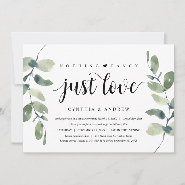 Greenery Eucalyptus,  Black Ink, Wedding Elopement Invitation (Front)