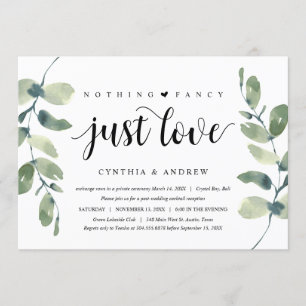 Greenery Eucalyptus,  Black Ink, Wedding Elopement Invitation
