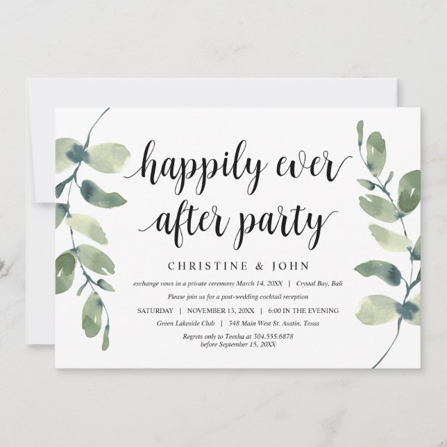 Greenery Eucalyptus, Black, Wedding Elopement Invitation (Front)