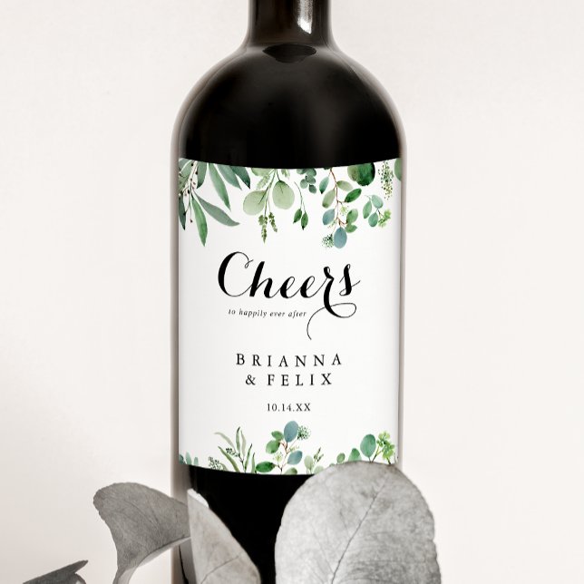 Greenery Eucalyptus Botanical Cheers Wedding Wine Label (Creator Uploaded)