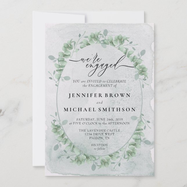 Greenery Eucalyptus Calligraphy Signature Engaged Invitation (Front)