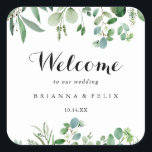 Greenery Eucalyptus Calligraphy Wedding Welcome Square Sticker<br><div class="desc">This greenery eucalyptus calligraphy wedding welcome square sticker is perfect for a modern wedding. The design features hand-painted artistic beautiful eucalyptus green leaves,  assembled into neat bouquets to embellish your event.

These labels are perfect for hotel guest welcome bags and destination weddings.</div>