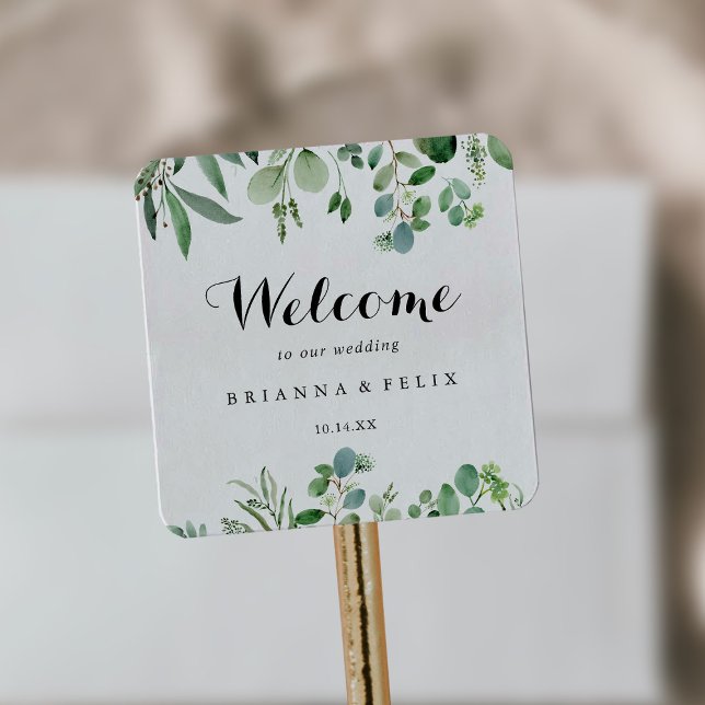 Greenery Eucalyptus Calligraphy Wedding Welcome Square Sticker (Creator Uploaded)