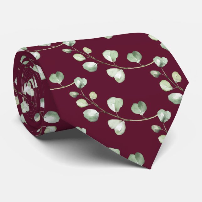 Greenery Eucalyptus Custom Colour Background Groom Tie (Rolled)