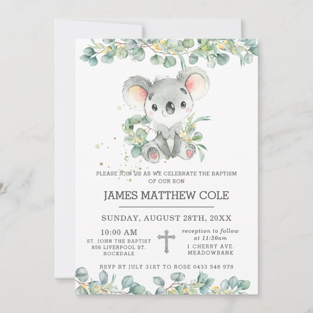 Greenery Eucalyptus Cute Koala Baptism Christening Invitation (Front)