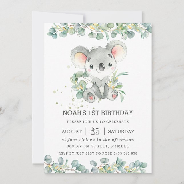 Greenery Eucalyptus Cute Koala Birthday  Invitation (Front)