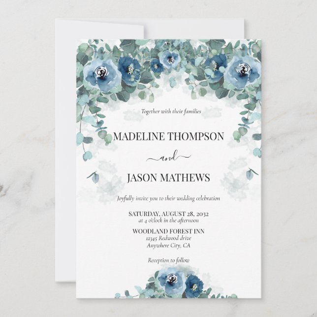 Greenery Eucalyptus Dusty blue Floral Wedding Invitation (Front)