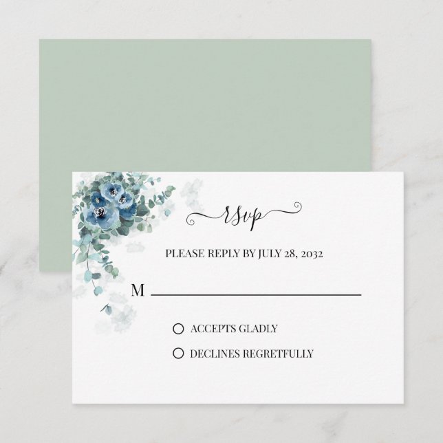 Greenery Eucalyptus Dusty blue Floral Wedding RSVP Card (Front/Back)