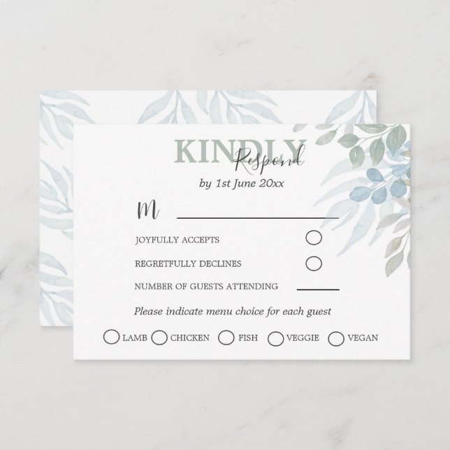 Greenery Eucalyptus Dusty Blue Wedding RSVP (Front/Back)