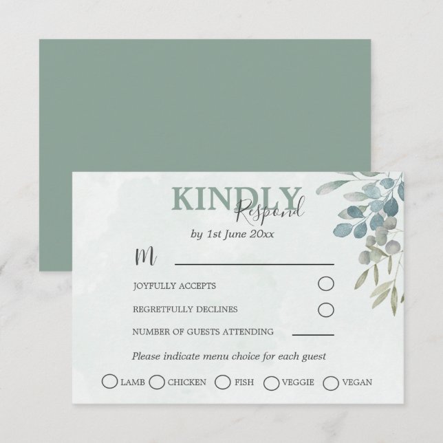 Greenery Eucalyptus Dusty Blue Wedding RSVP Card (Front/Back)
