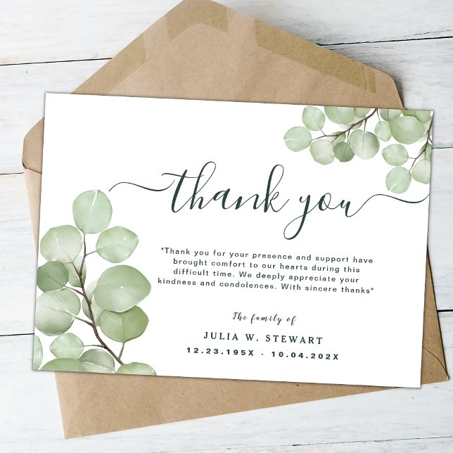 Greenery Eucalyptus Elegant Funeral Thank You Note Card (Creator Uploaded)