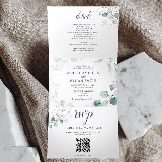 Greenery Eucalyptus Elegant QR Code Wedding Tri-Fold Invitation (Creator Uploaded)