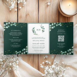 Greenery Eucalyptus Emerald Green QR Code Wedding Tri-Fold Invitation