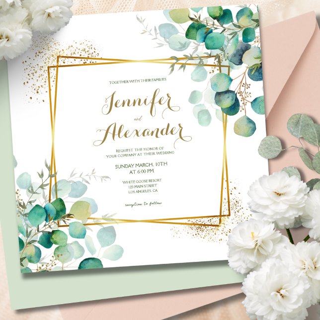 Greenery Eucalyptus Emerald Green Square Wedding Invitation (Creator Uploaded)