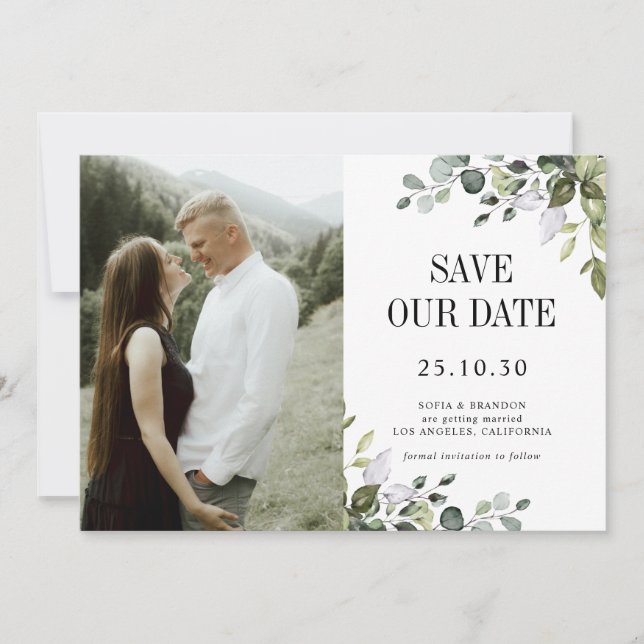 Greenery Eucalyptus Emerald Rustic Wedding Photo Save The Date (Front)