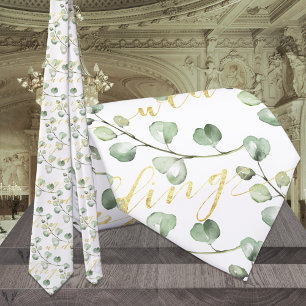 Greenery Eucalyptus & Fancy Gold Writing Wedding Tie