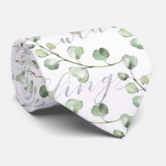 Greenery Eucalyptus & Fancy Silver Writing Wedding Tie (Rolled)